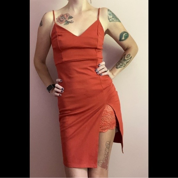 Orange Dress with Side Slit & Lace Detail, Medium, Sleeveless, Spaghetti Straps - Picture 3 of 13